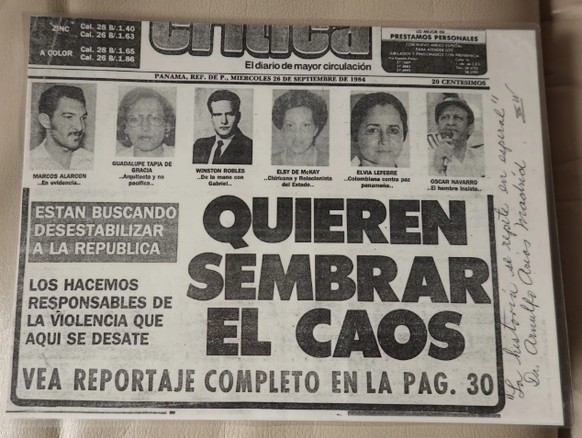 Zeitungstitel in Panama vom 26. 09. 1984: «Sie wollen Chaos säen» mit dem Foto von Elvia.
