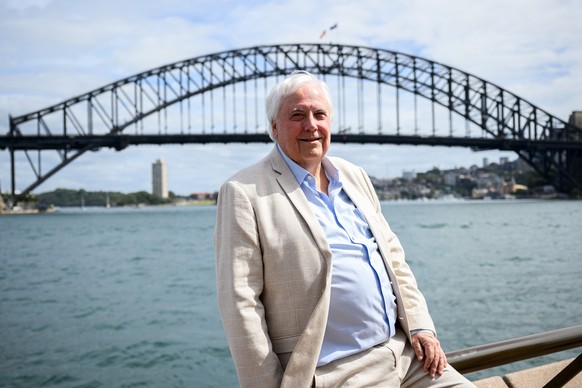 epa11218003 Billionaire mining magnate Clive Palmer speaks to the media during an announcement about the Titanic II project, in Sydney, Australia, March 13, 2024. Palmer unveiled his construction plan...