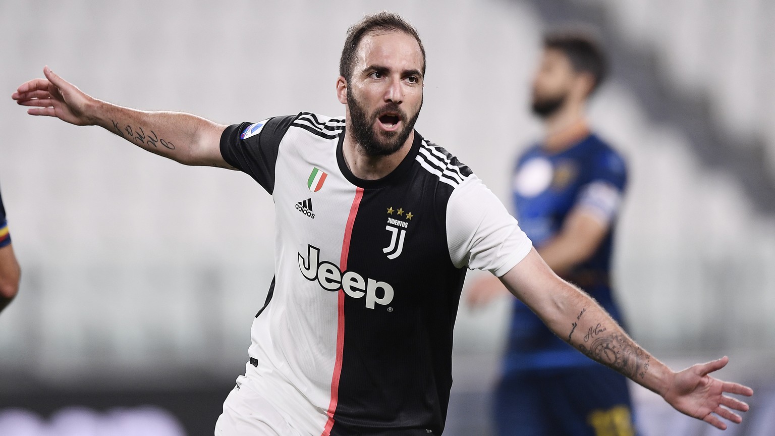 Juventus&#039; Gonzalo Higuain celebrates after a goal during the Serie A soccer match between Juventus and Lecce, at the Allianz Stadium in Turin, Italy, Friday, June 26, 2020. (Fabio Ferrari/LaPress ...