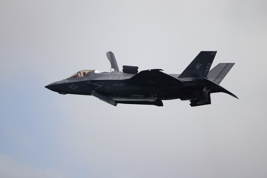 FILE - A United States Marine Corps F-35B Lightning II takes part in an aerial display during the Singapore Airshow 2022 at Changi Exhibition Centre in Singapore, Feb. 15, 2022. A Marine Corps pilot s ...