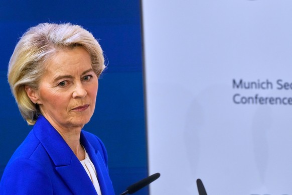 European Commission President Ursula von der Leyen prepares to address the audience during the Munich Security Conference in Munich, Germany, Saturday, Feb. 14, 2026. (AP Photo/Michael Probst)
Ursula  ...