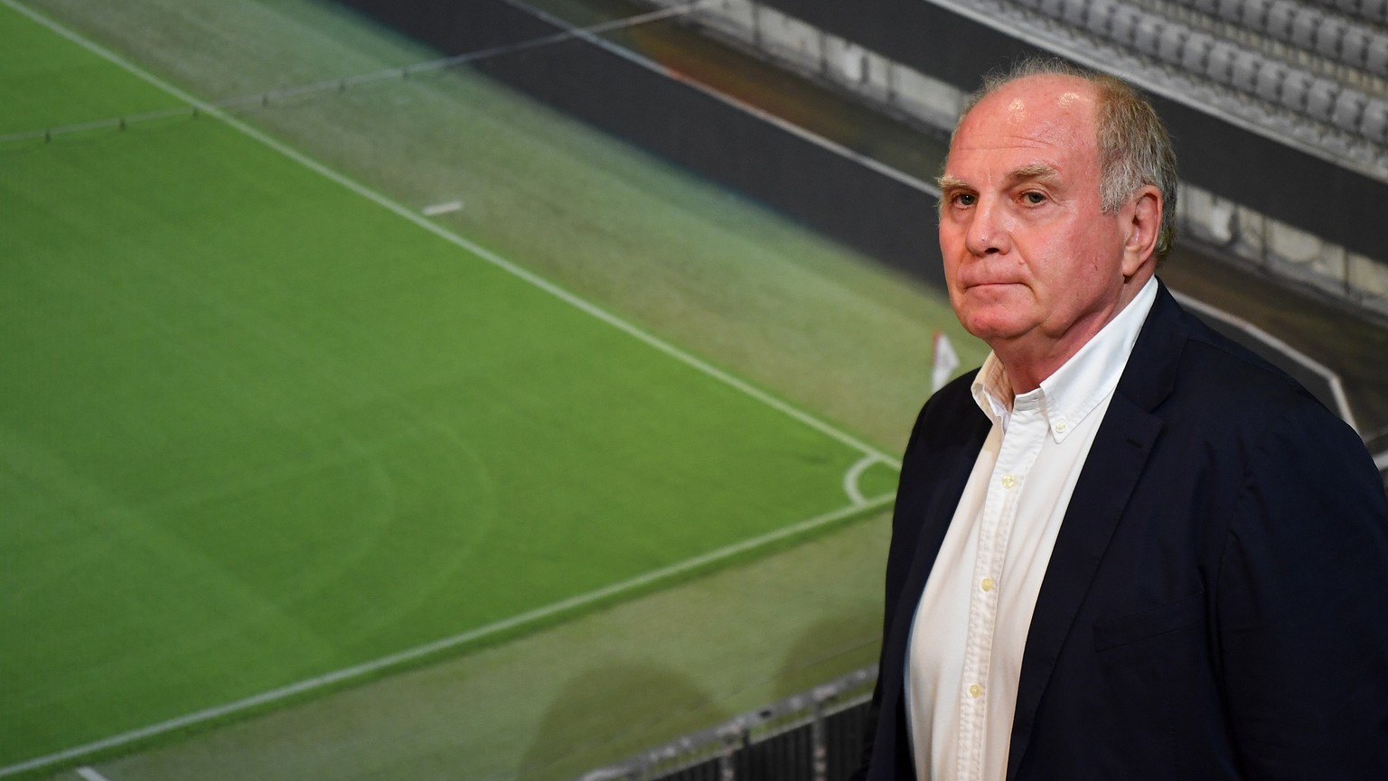 epa07803787 Bayern Munich&#039;s president Uli Hoeness arrives for a press conference at the Allianz Arena in Munich, Germany, 30 August 2019. Hoeness announced he will not be available for another te ...