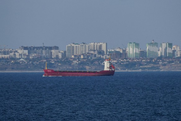 epa10897782 The Maranta bulk carrier near the sea port of Odesa, Ukraine, 03 October 2023. The Maranta and Equator bulk carriers have entered the sea port of Odesa, using a temporary corridor for civi ...