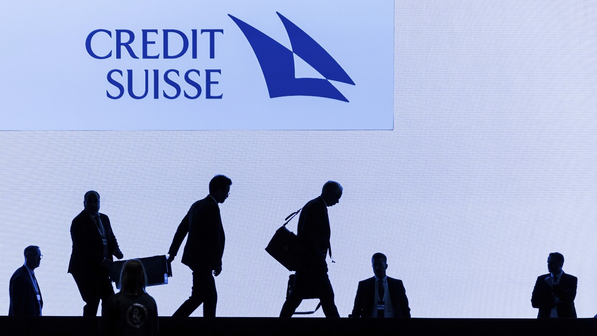 FILE - Swiss bank Credit Suisse CEO Ulrich Koerner, third right, leaves the stage after the annual shareholders' meeting of the Swiss banking group on Tuesday, April 4, 2023 in Zurich, Switzerlan ...