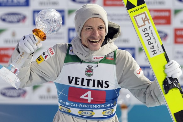 Gregor Deschwanden, of Switzerland, poses after finishing second in the second stage of the 73rd Four Hills ski jumping tournament in Garmisch-Partenkirchen, Germany, Wednesday, Jan. 1, 2025. (AP Phot ...