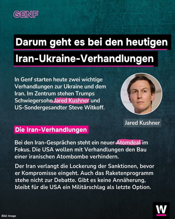 <p>In Genf finden am Dienstag Verhandlungen zur Ukraine und dem Iran statt.</p>