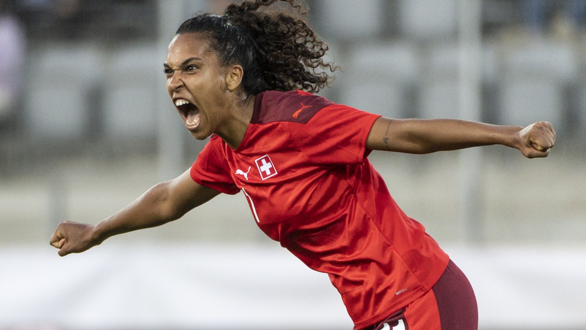 Swiss Coumba Sow celebrates after scoring her side's second goal, during the FIFA Women's World Cup 2023 qualifying round group G soccer match between Switzerland and Lithuania at the Stockh ...