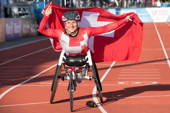 HANDOUT - Die Schweizerin Manuela Schaer gewinnt Gold ueber 5&#039;000m Rollstuhl (T54), an der IPC-Leichtathletik-EM der Behindertensportler in Swansea, Wales, Grossbritannien, am Dienstag, 19. Augus ...