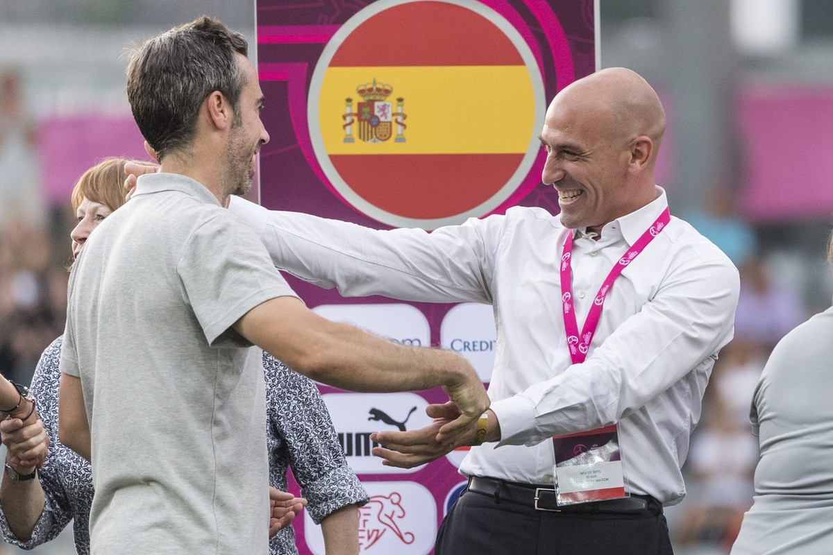 Luis Rubiales, President of the Spanish Soccer Federation, right, celebrates with Spain's coach Jorge Vilda after Spain's victory by 1:0 in the UEFA European Women's Under-19 Championsh ...
