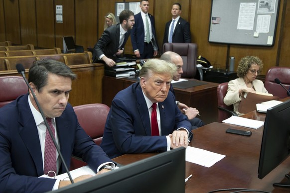 Former President Donald Trump attends trial for jury selection at Manhattan Criminal Court on Monday, April 15, 2024 in New York City. (Michael Nagle/The New York Post via AP, Pool)