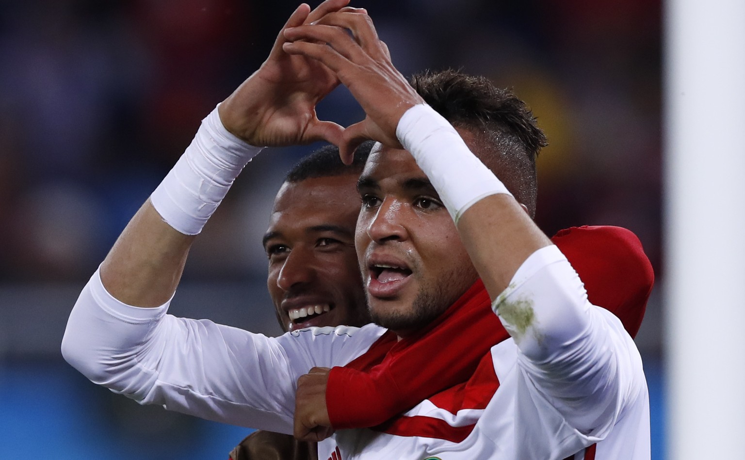 Morocco&#039;s Youssef En Nesyri celebrates after scoring his side&#039;s second goal during the group B match between Spain and Morocco at the 2018 soccer World Cup at the Kaliningrad Stadium in Kali ...