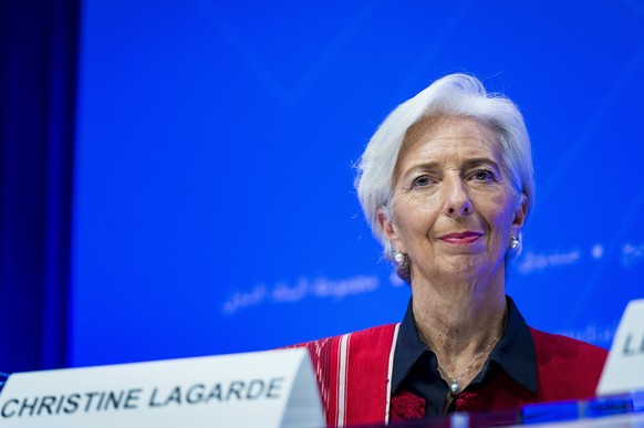 epa06684040 Managing Director of the International Monetary Fund, Christine Lagarde participates in an IMFC Press Conference press conference during the IMF World Bank Spring Meetings at the IMF headq ...