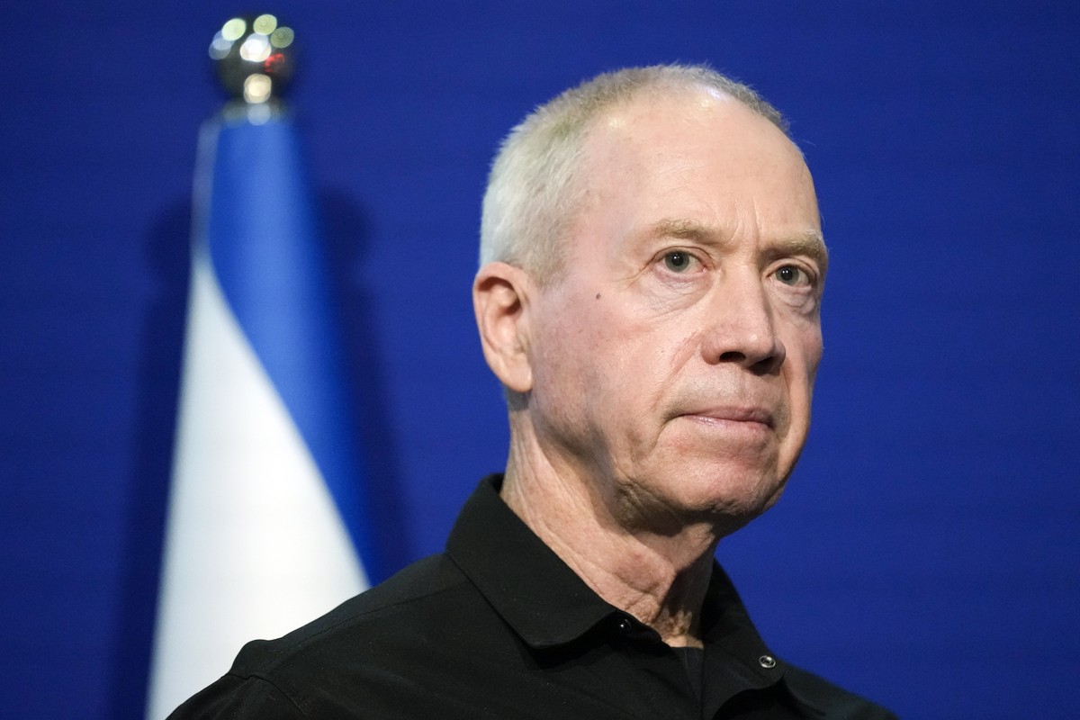 Israeli Defense Minister Yoav Gallant pauses while making a brief statement to the media with U.S. Secretary of State Antony Blinken, not pictured, at The Kirya, Israel's Ministry of Defense, Mon ...
