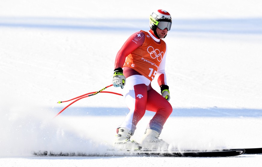 epa06504309 Beat Feuz of Switzerland reacts in the finish area after a training session for the Men&#039;s Downhill race at the Jeongseon Alpine Centre during the PyeongChang 2018 Olympic Games, South ...