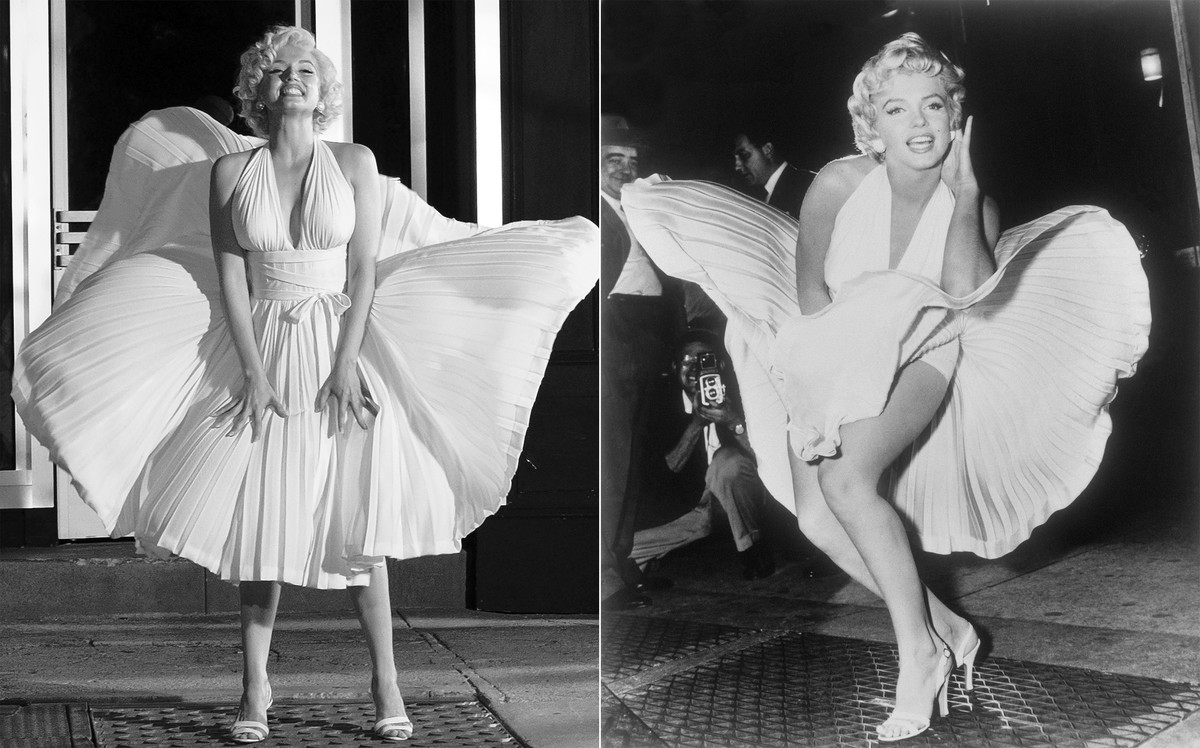 This combination of photos shows Ana de Armas as Marilyn Monroe in a scene from "Blonde," left, and Marilyn Monroe posing on a subway grate while filming "The Seven Year Itch" in N ...