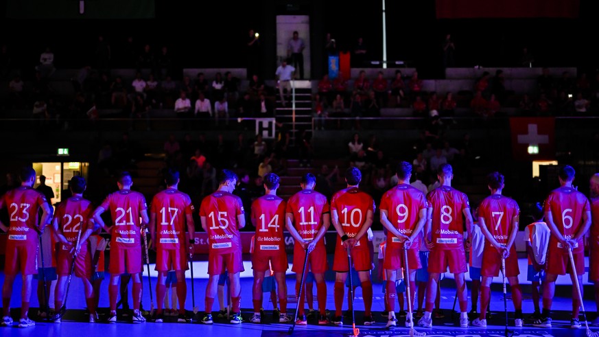 Team Switzerland prior the friendly floorball game between Switzerland and Finland at the Euro Floorball Tour, on Friday, September 2, 2022, in St. Gallen, Switzerland. (KEYSTONE/Gian Ehrenzeller)