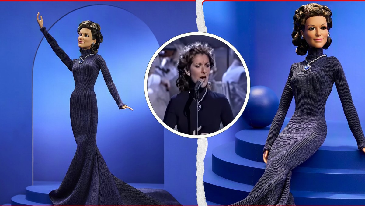 La Barbie Céline Dion reproduit fidèlement le look de la star lors de la 70e cérémonie des Oscars en mars 1998.