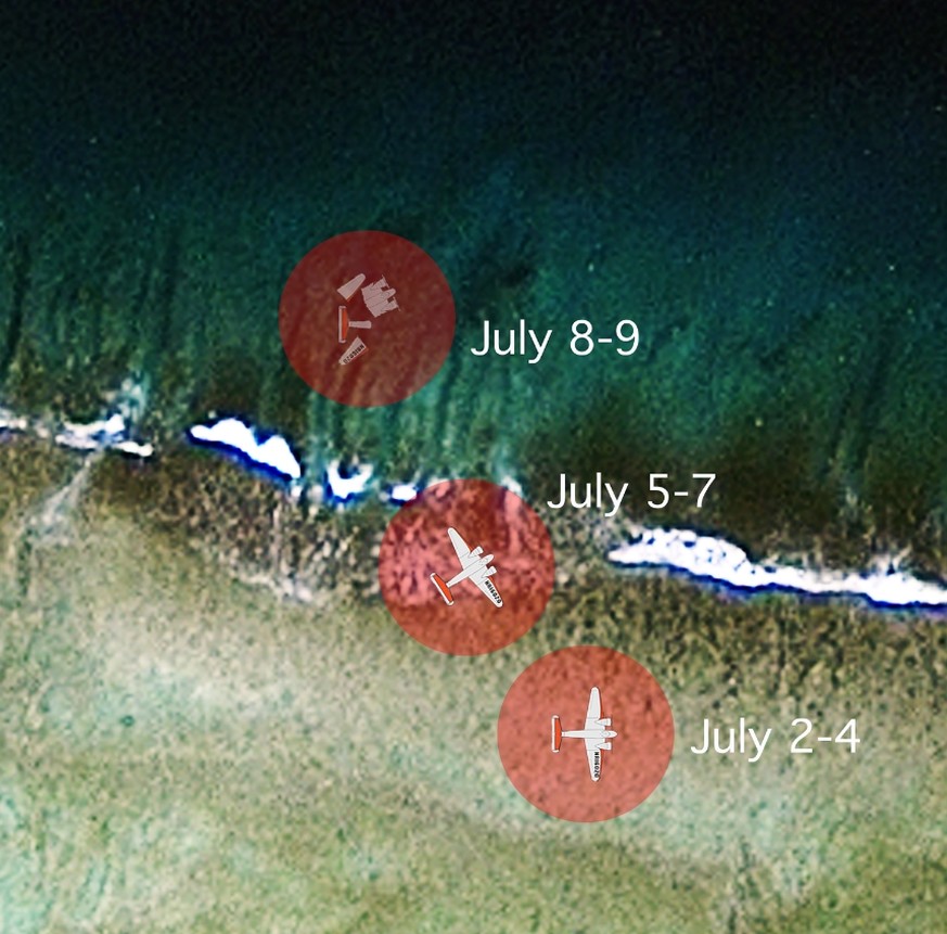 Mögliche Position von Earharts Flugzeug, einer Lockheed Elektra, nach der Notlandung auf dem Riff bei Gardner Island (Nikumaroro).