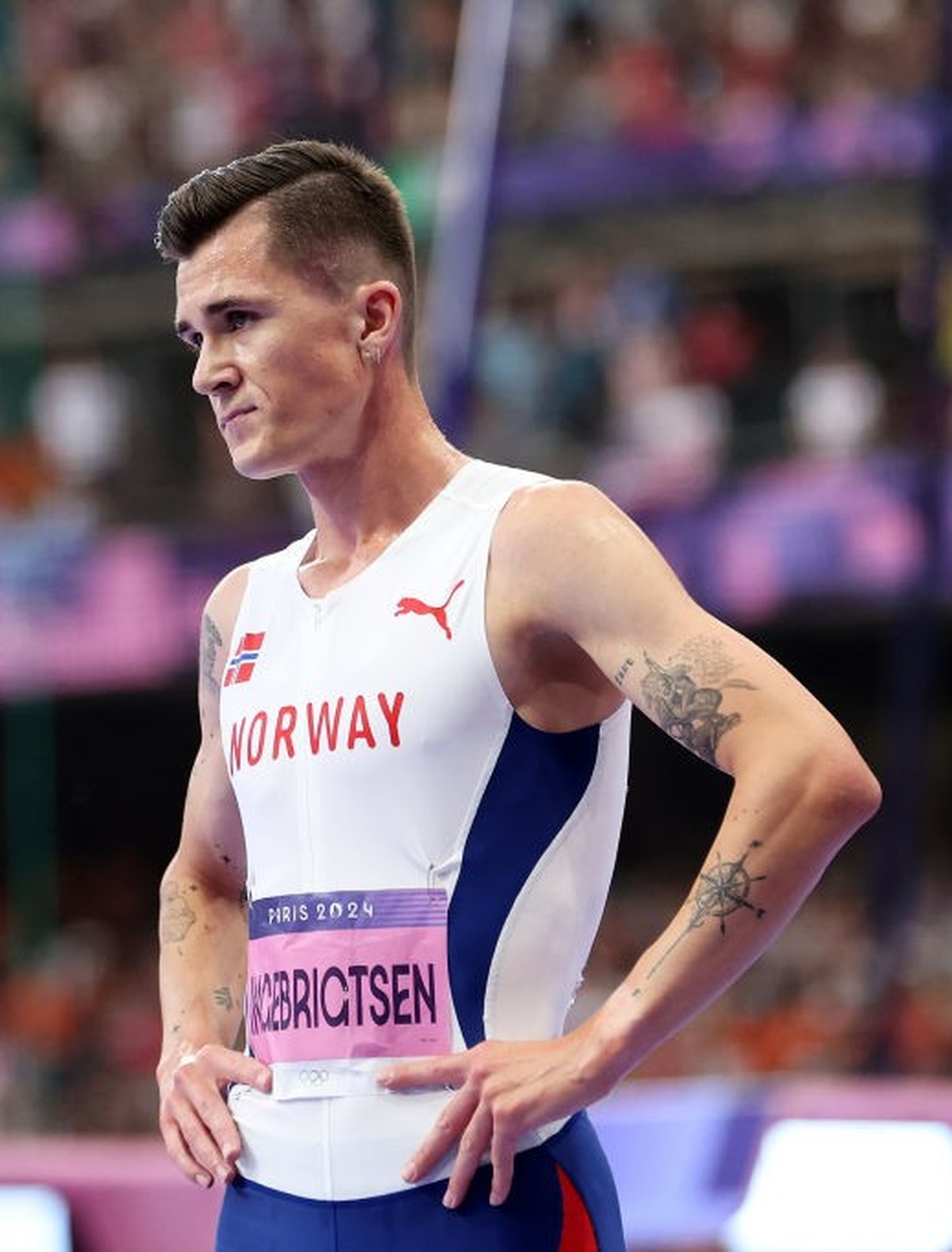 PARIS, FRANCE - AUGUST 06: Jakob Ingebrigtsen of Team Norway shows dejection after finishing fourth in the Men's 1500m Final on day eleven of the Olympic Games Paris 2024 at Stade de France on Au ...