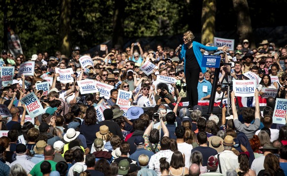 Democratic presidential candidate U.S. Sen. Elizabeth Warren, from Massachusetts, speaks at a town hall campaign event at Seattle Center, Sunday, Aug. 25, 2019, in Seattle. (Bettina Hansen/The Seattle ...