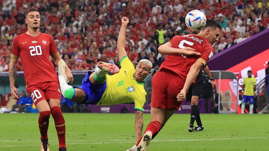 Football - FIFA World Cup, WM, Weltmeisterschaft, Fussball - Group G - Brazil v Serbia 24th November 2022 - FIFA World Cup - Group G - Brazil v Serbia - Richarlison of Brazil scores their second goal  ...