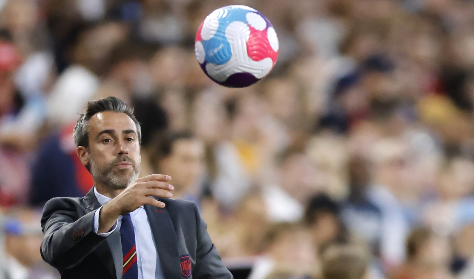 epa10842156 (FILE) - Spain&#039;s head coach Jorge Vilda throws the ball during the UEFA Women&#039;s EURO 2022 group B soccer match between Denmark and Spain in London, Britain, 16 July 2022 (reissue ...