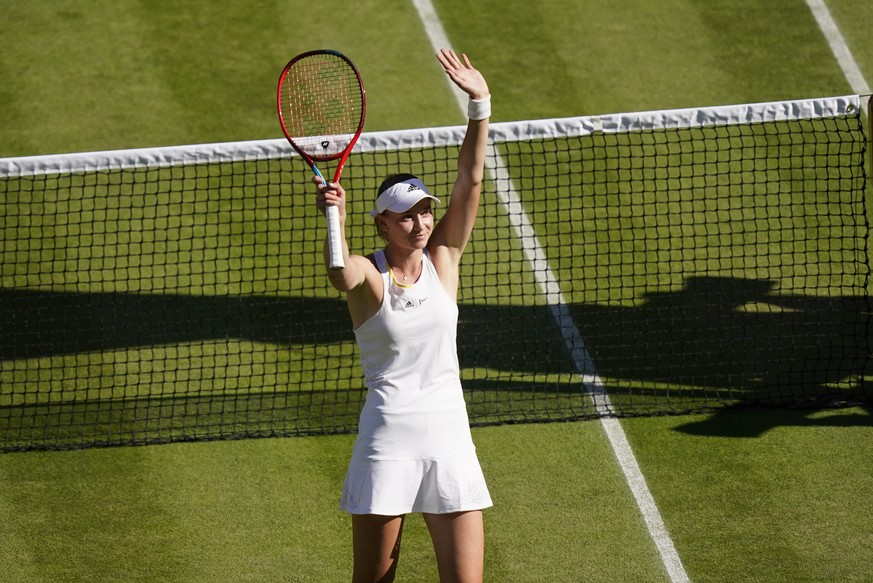 Kazakhstan&#039;s Elena Rybakina reacts to winning against Romania&#039;s Simona Halep in a women&#039;s singles semifinal match on day eleven of the Wimbledon tennis championships in London, Thursday ...