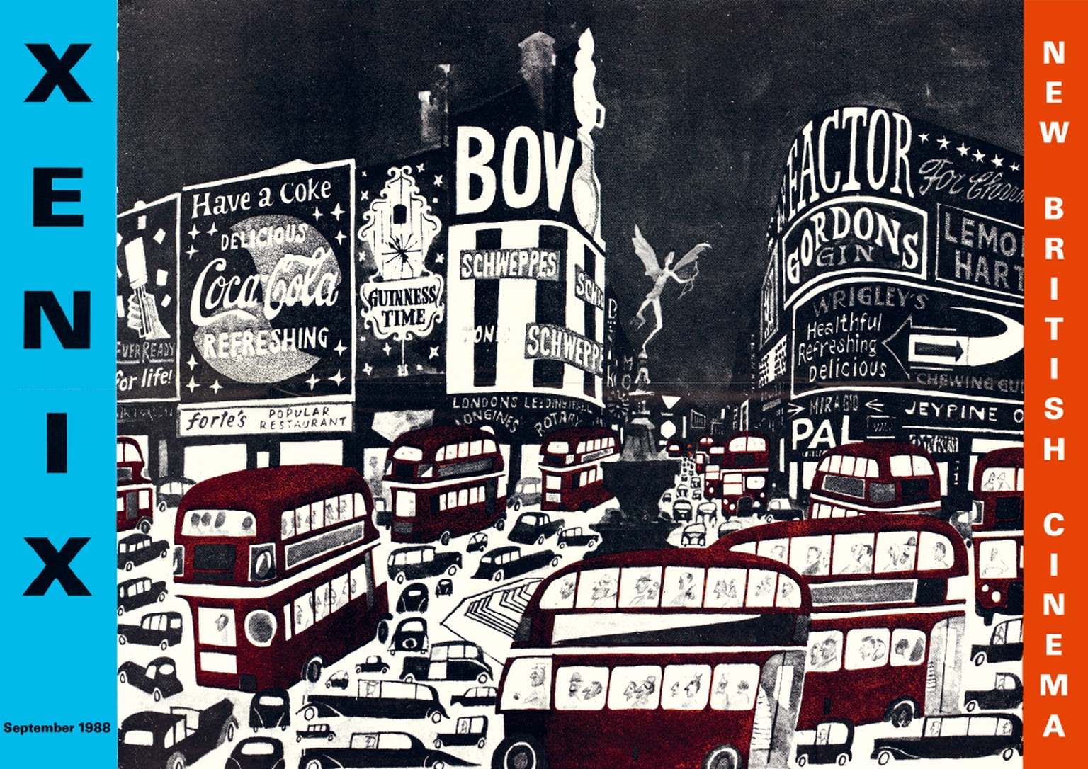 Im September 1988 wurde der Picadilly Circus in London als pittoreske Retro-Szenerie gezeichnet. Die Figuren wirken wie von Sempé.