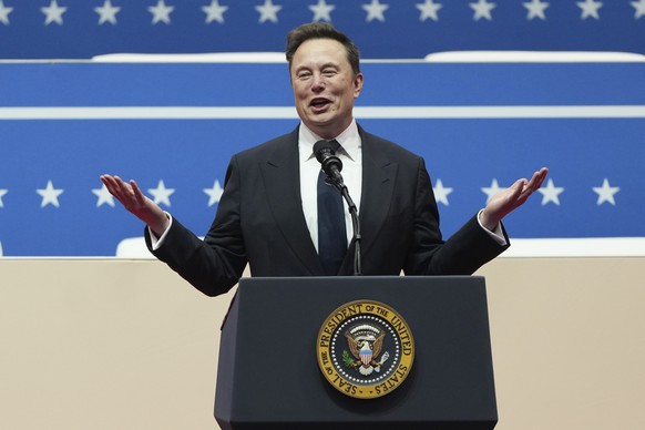 FILE - Elon Musk speaks at a presidential inauguration event on behalf of President-elect Donald Trump in Washington, Jan. 20, 2025. (AP Photo/Matt Rourke, File)
Elon Musk