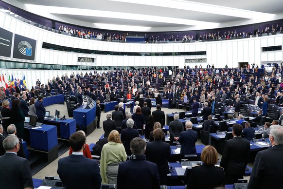 epa10320185 A general view of Members of the EU Parliament during the Ceremony of the 70th anniversary of the European Parliament at the European Parliament in Strasbourg, France, 22 November 2022. EP ...
