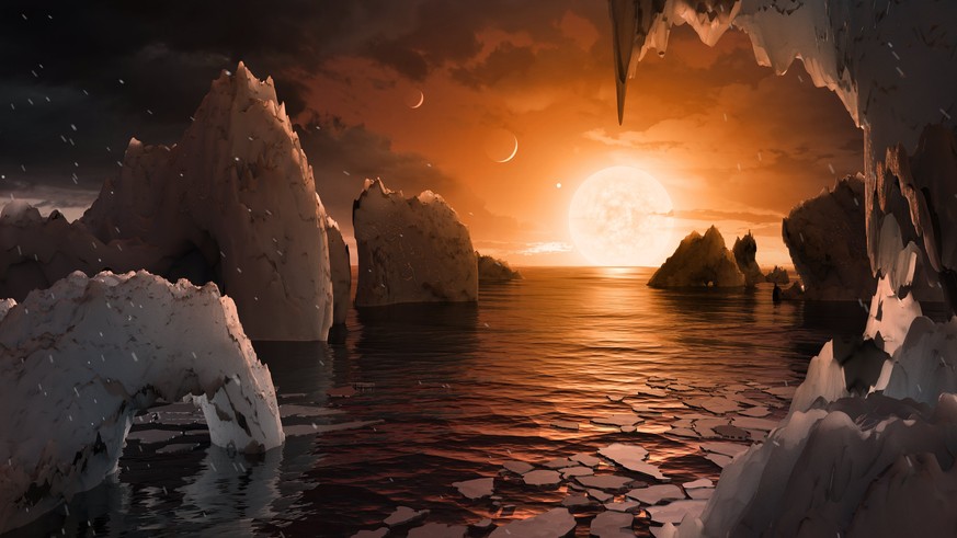 epa05809145 An undated handout photo made available by the NASA on 22 February 2017 shows an artist&#039;s concept to imagine what it would be like to stand on the surface of the exoplanet TRAPPIST-1f ...
