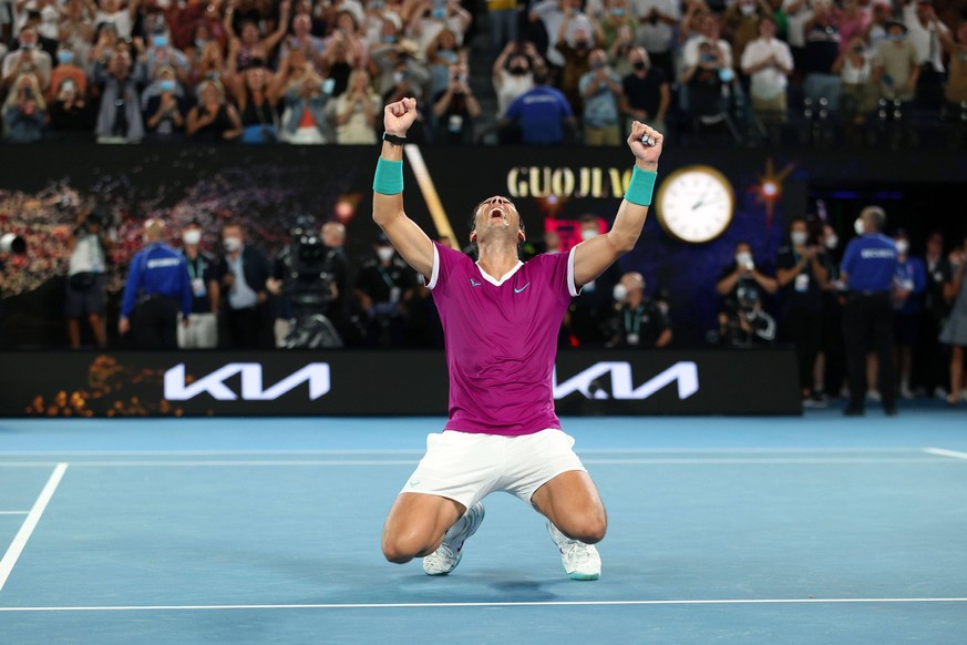 Mandatory Credit: Photo by Ella Ling/Shutterstock 12778014dy Rafael Nadal celebrates victory in the Men s Singles final Australian Open, Day Fourteen, Tennis, Melbourne Park, Melbourne, Australia - 30 ...