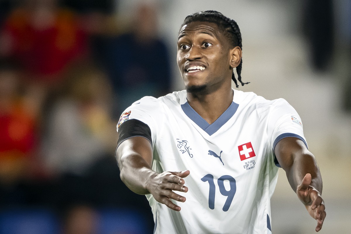 Switzerland's foward Joel Monteiro reacts during the UEFA Nations League soccer group A4 match between Spain and Switzerland at Heliodoro Rodriguez Lopez stadium, in Santa Cruz, on the Canary isl ...