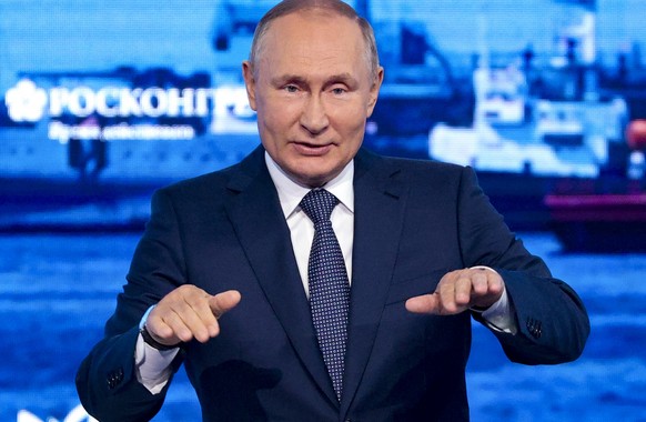 Russian President Vladimir Putin gestures as he delivers a speech during a plenary session at the Eastern Economic Forum in Vladivostok, Russia, Wednesday, Sept. 7, 2022. (Sergei Bobylev/TASS News Age ...