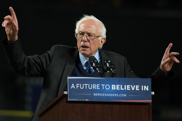 epa07381000 (FILE) - Democratic Presidential Candidate Bernie Sanders speaks to supporters during a campaign rally at Safeco Field in Seattle, Washington, USA, 25 March 2016 (reissued 19 February 2019 ...