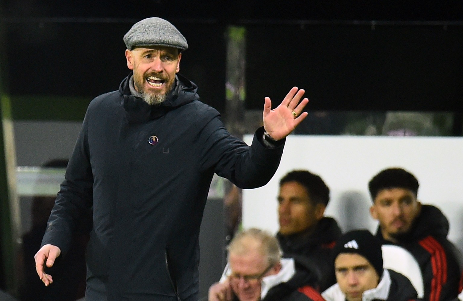 epa11008104 Manchester United&#039;s manager Erik ten Hag gestures during the English Premier League soccer match between Newcastle United and Manchester United, in Newcastle, Britain, 02 December 202 ...