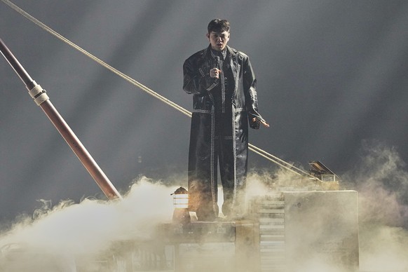 JJ from Austria performs the song &quot;Wasted Love&quot; during the dress rehearsal for the Grand Final of the 69th Eurovision Song Contest, in Basel, Switzerland, Friday, May 16 2025. (AP Photo/Mart ...