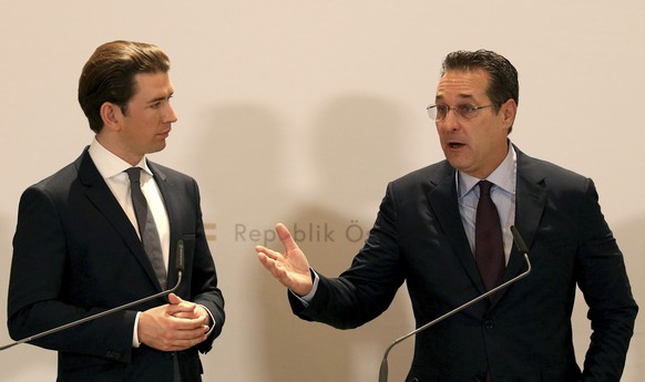 FILE - In this Tuesday, Dec. 4, 2018 file photo, Austria&#039;s Chancellor Sebastian Kurz and Austrian Vice Chancellor Heinz-Christian Strache, from left, hold a joint press conference after one year  ...