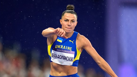 FILE - Maryna Bekh-Romanchuk, of Ukraine, competes in the women&#039;s triple jump final at the 2024 Summer Olympics, Saturday, Aug. 3, 2024, in Saint-Denis, France. (AP Photo/Matthias Schrader, File) ...