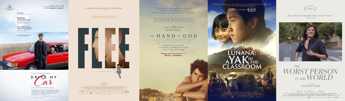 This combination of photos shows promotional art for Oscar nominees for best international feature, from left, "Drive My Car," "Flee," "The Hand of God," "Lunana: A  ...