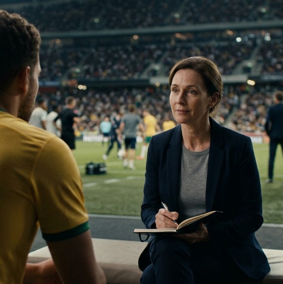 Cinematic, hyper-realistic close-up shot from a low angle behind a professional football player seated in a quiet recovery and wellness area beside the pitch during a match interruption. The viewer lo ...
