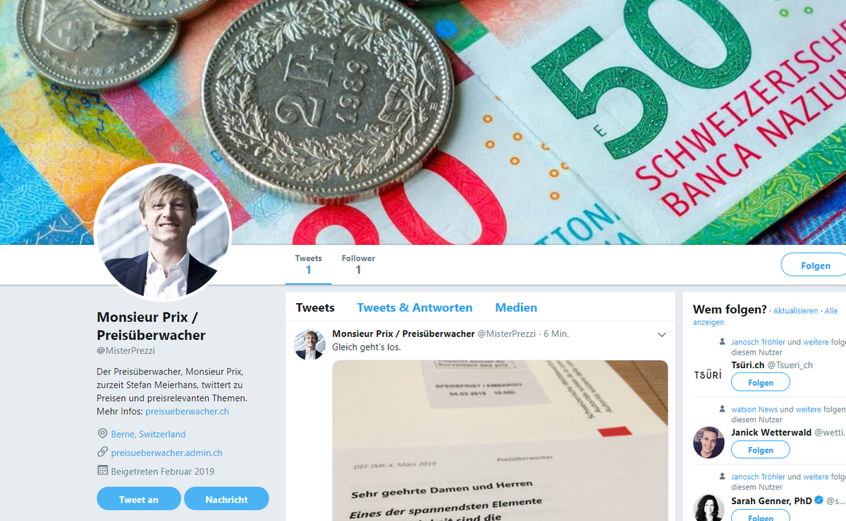 Monsieur Prix Stefan Meierhans prangert über­ris­sene Preise ab sofort auch via Twitter an.