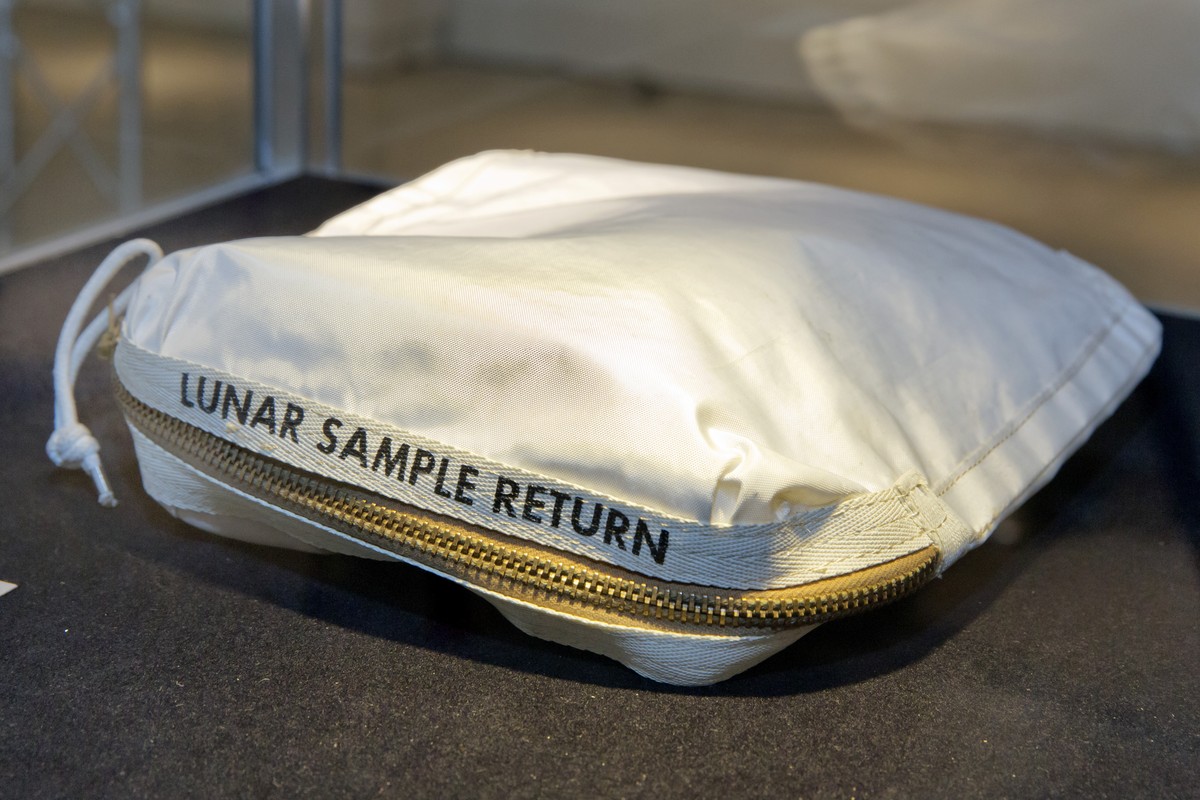 The Apollo 11 Contingency Lunar Sample Return Bag used by astronaut Neil Armstrong, to be offered at auction, is displayed at Sotheby's, in New York, Thursday, July 13, 2017. The lunar dust plus  ...