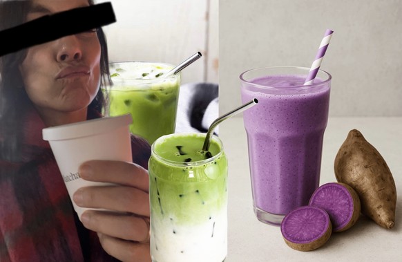 Eine mittelgut getarnte Frau frönt ihrer Matcha Latte Sucht