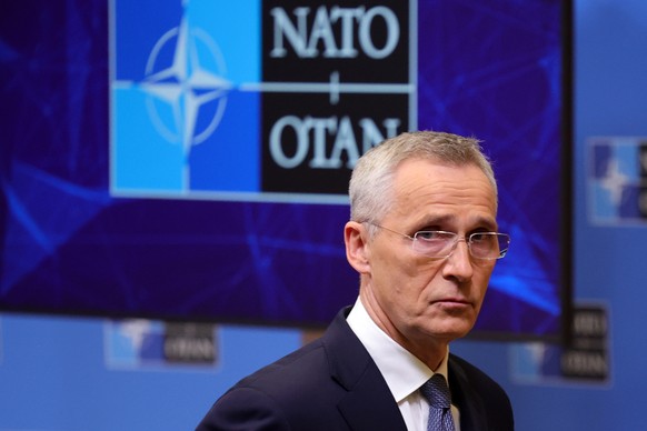 epa10556800 NATO Secretary General Jens Stoltenberg holds a press conference ahead of NATO Foreign Ministers meeting at the Alliance headquarters in Brussels, Belgium, 03 April 2023. NATO Ministers of ...