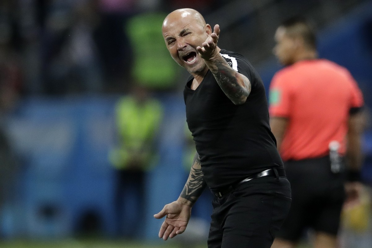 Argentina coach Jorge Sampaoli reacts during the group D match between Argentina and Croatia at the 2018 soccer World Cup in Nizhny Novgorod Stadium in Nizhny Novgorod, Russia, Thursday, June 21, 2018 ...