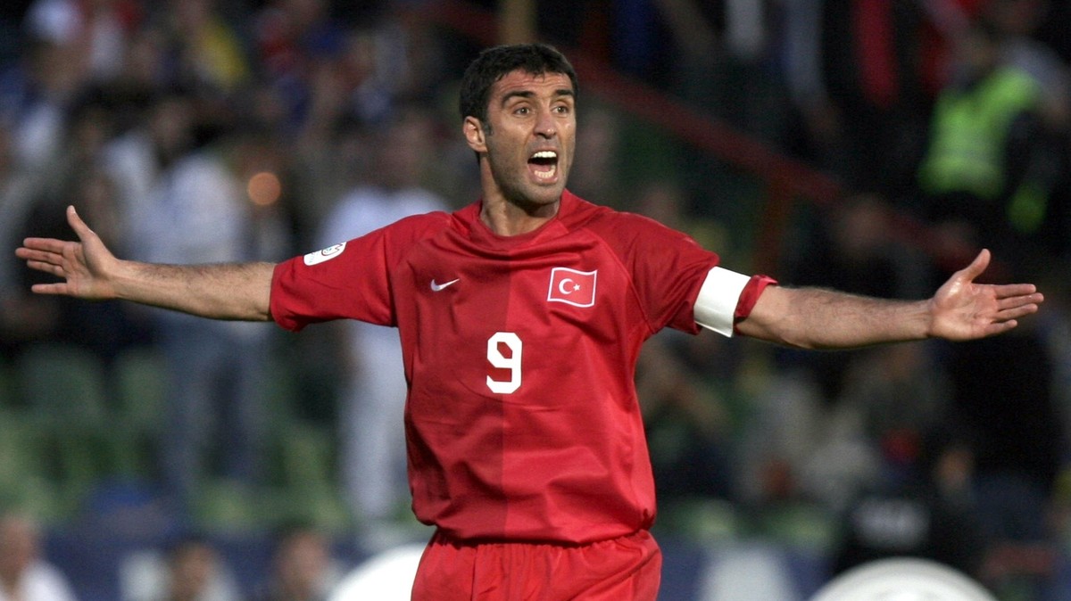 FILE - In this Saturday, June 2, 2007, file photo Turkey's Hakan Sukur reacts during the Group C Euro 2008 qualifying soccer match against Bosnia at the Olympic stadium in Sarajevo. Turkey's ...