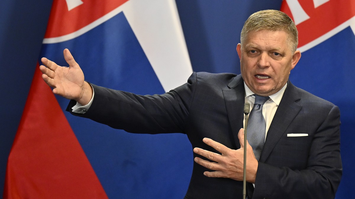 FILE - Slovakia's Prime Minister Robert Fico speaks during a press conference with Hungary's Prime Minister Viktor Orban at the Carmelite Monastery in Budapest, Hungary, Tuesday, Jan. 16, 20 ...