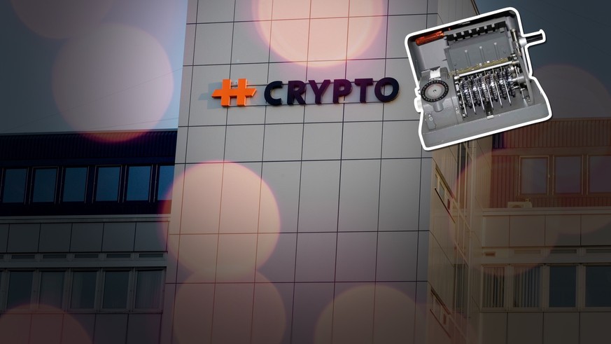 cryptoleaks teaser Das Logo des Chiffriergeraete-Herstellers Crypto am Hauptsitz in Steinhausen im Kanton Zug am Donnerstag, 19. Februar 2015. (KEYSTONE/Urs Flueeler)