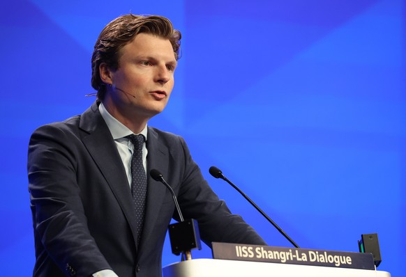 epa12146496 Netherlands? Minister of Defence Ruben Brekelmans delivers his speech during the third plenary session of the International Institute for Strategic Studies (IISS) Shangri-la Dialogue Defen ...